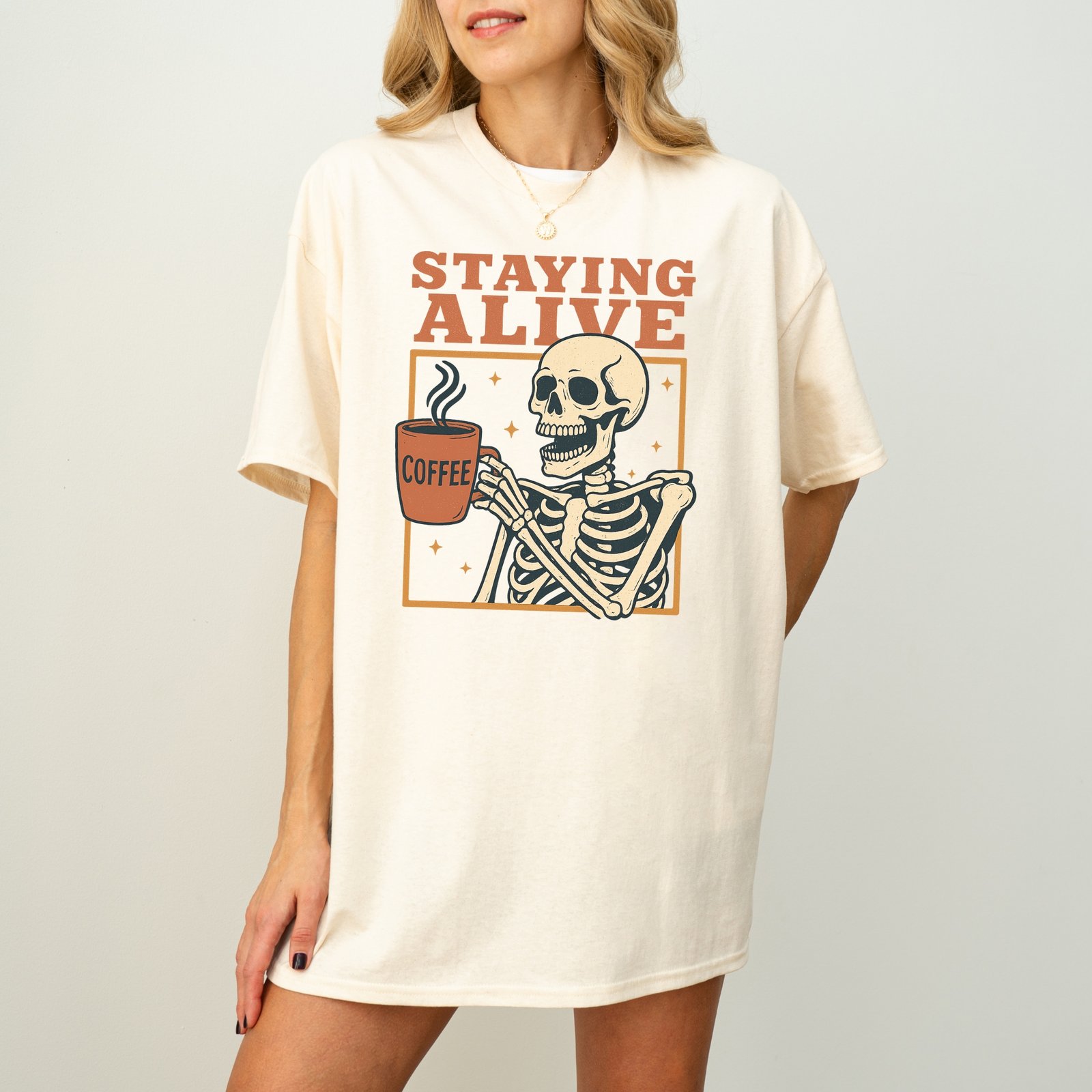 Staying Alive Coffee Skeleton T-Shirt - Image 3